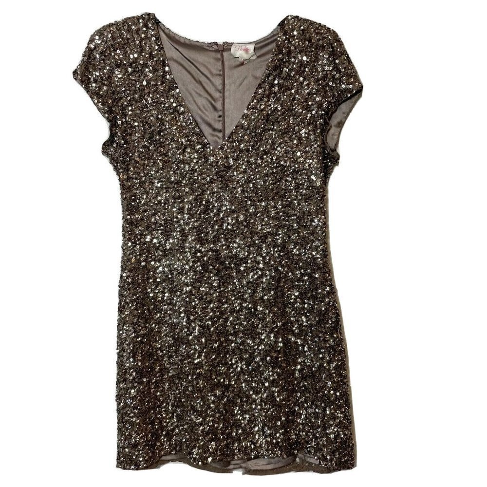 Parker All Over Sequins V-Neck Silk Mini Dress Gold‎ Metallic M Cap Sleeve Y2k